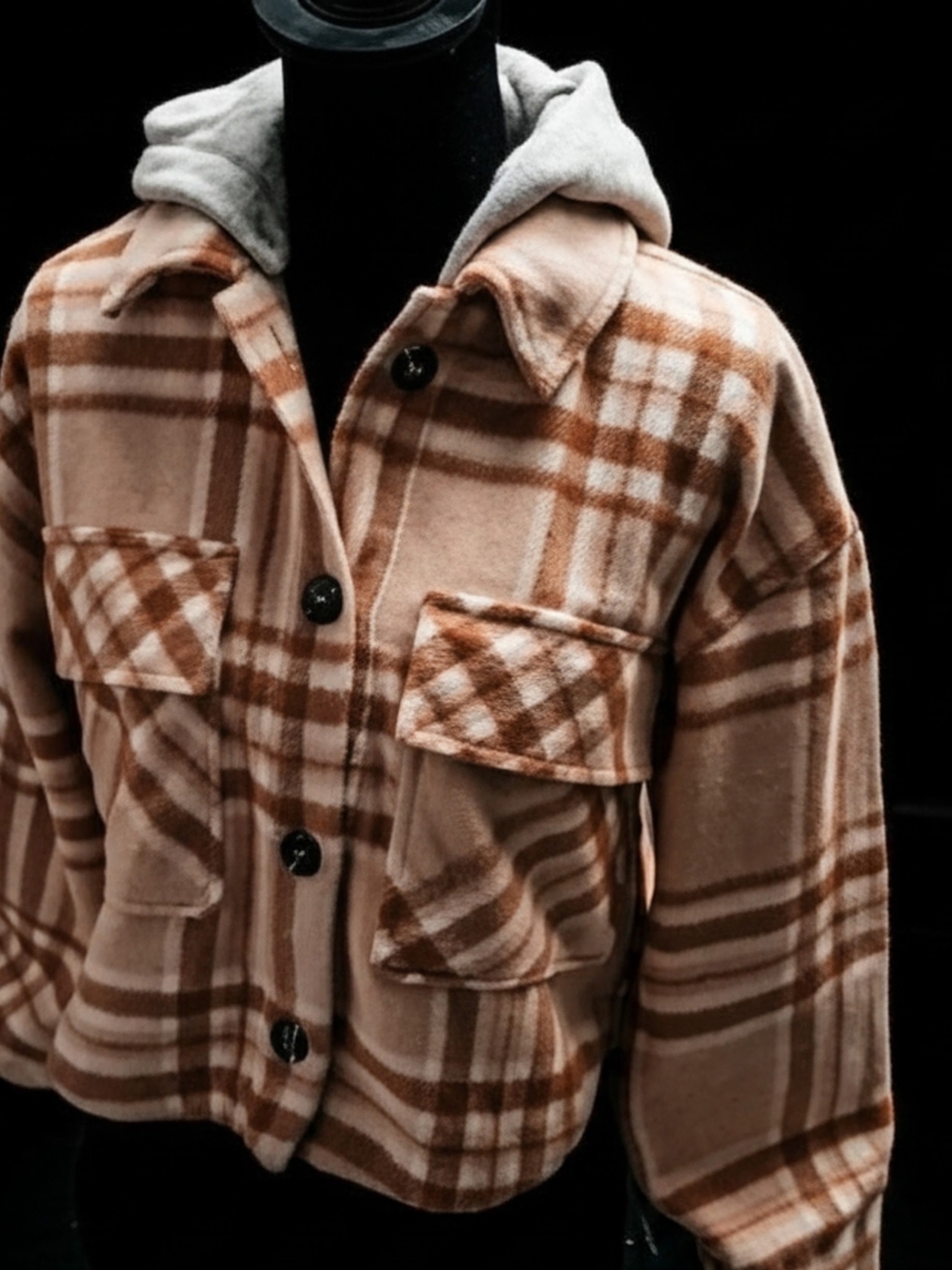 Love Tree Brown Plaid Lightweight Shirt Jacket with Grey Hood